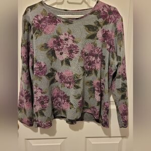 croft & barrow Grey Floral Long-Sleeve Top with Purple Flowers